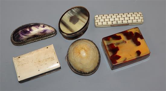 Six assorted 19th century boxes including ivory, bone, shell and tortoiseshell.